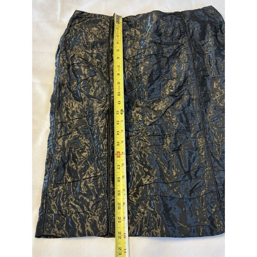 WORTH Black Taffeta Wrinkled Pencil Skirt 4 Knee Length Zip Textured Lined Metal